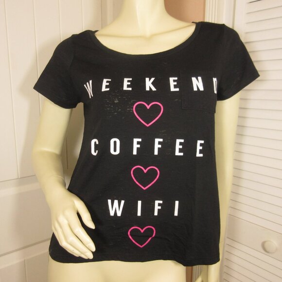 Modern Lux Graphic Tee WEEKEND COFFEE WIFI Black Top T-Shirt L Hearts Streetwear - Picture 1 of 12